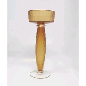 Venini Battuto Murano Honeycomb Amber Pillar Candle Holder  10" Art Glass MCM